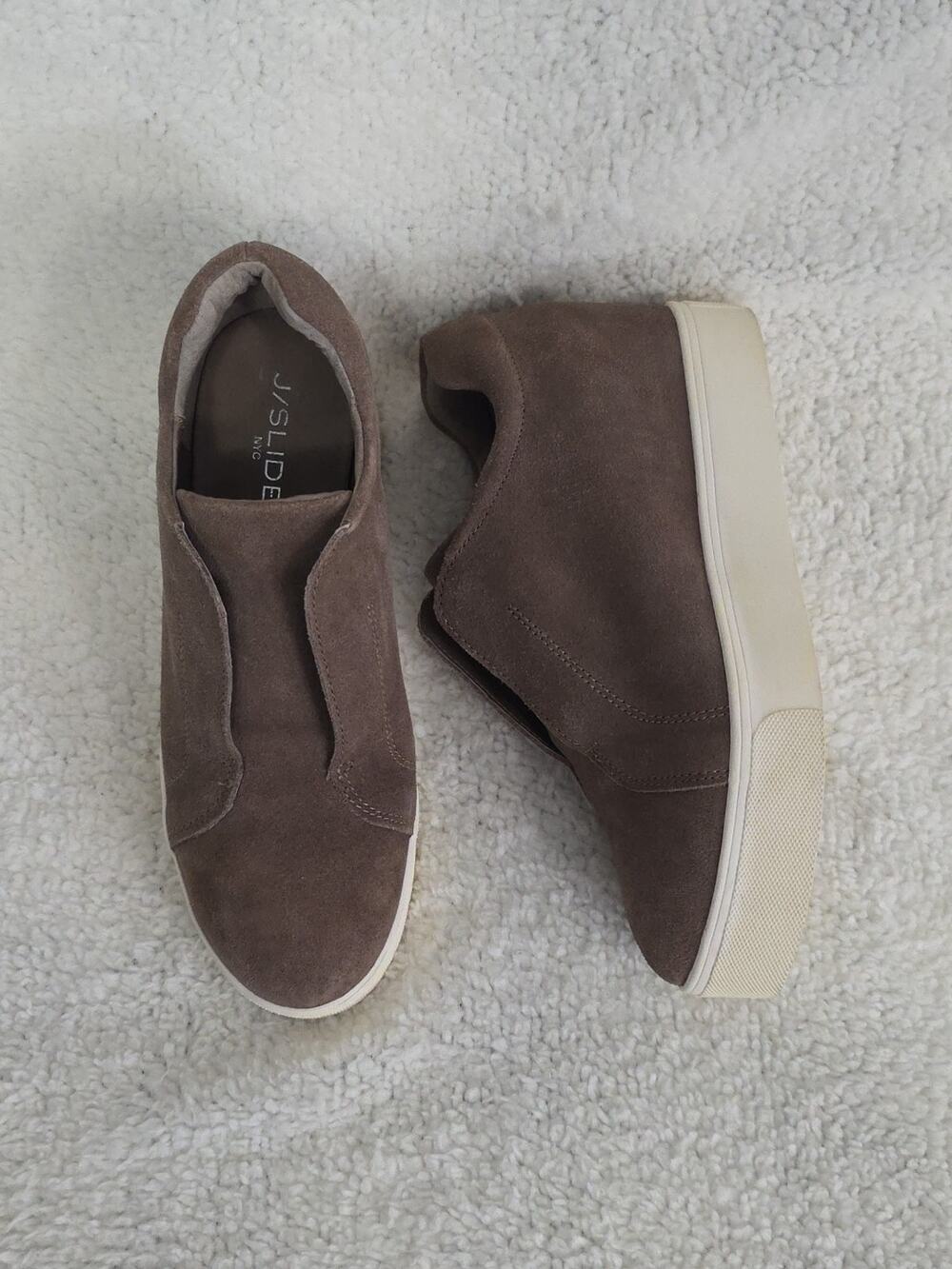 J Slides NYC Platform Slip-On Brown Suede Leather Sneaker Size 7.5M